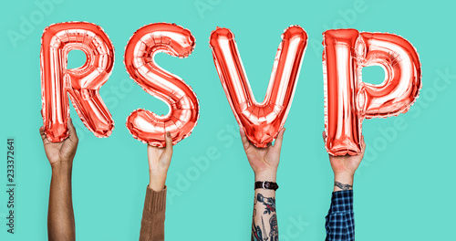 Hands holding RSVP word in balloon letters photo