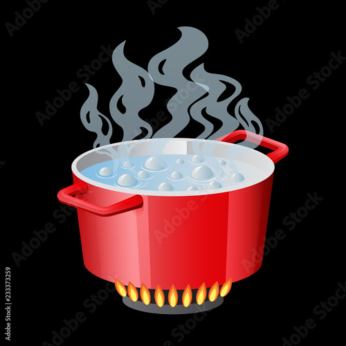 Red pan, saucepan, pot, casserole, cooker, stewpan with boiling water and opened pan lid on gas stove, fire and steam, vector illustration isolated on white