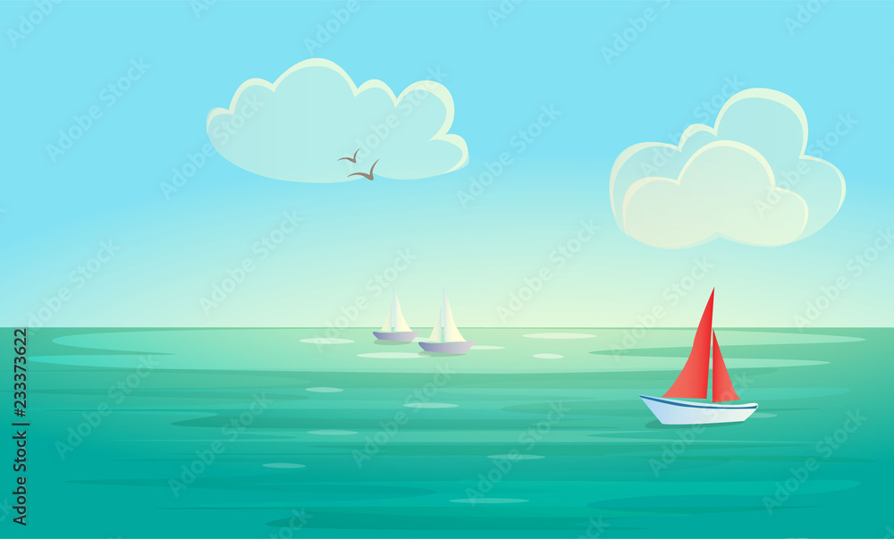 Vector landscape background with blue sea or ocean , red and white boats (ships), white transparent clouds and seagulls. Minimalistic marine landscape. Eps 10