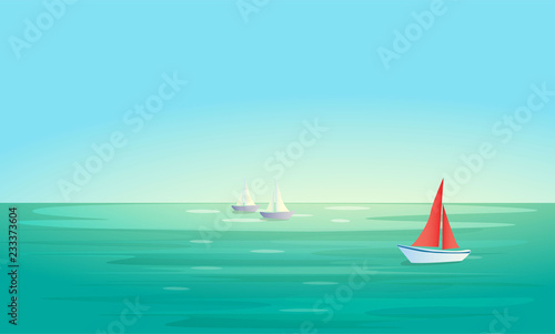 Vector landscape background with blue sea or ocean , red and white boats (ships). Place for text. Minimalistic marine landscape. Eps 10