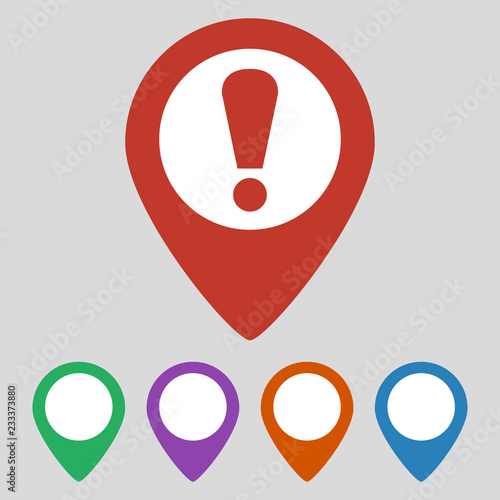 Map pointer with attention sign on grey background.