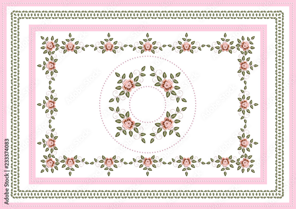 White tablecloth with pink frame of a ribbon covered beads and embroidered pink roses