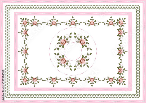 White tablecloth with pink frame of a ribbon covered beads and embroidered pink roses