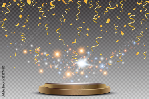 Colorful bright confetti and round podium isolated on transparent background. Festive Vector Illustration