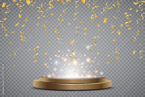 Colorful bright confetti and round podium isolated on transparent background. Festive Vector Illustration