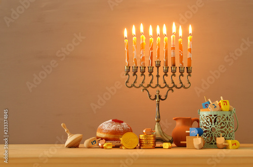 image of jewish holiday Hanukkah background with menorah (traditional candelabra).