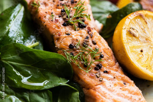 Photography Grilled salmon filet with fresh greens