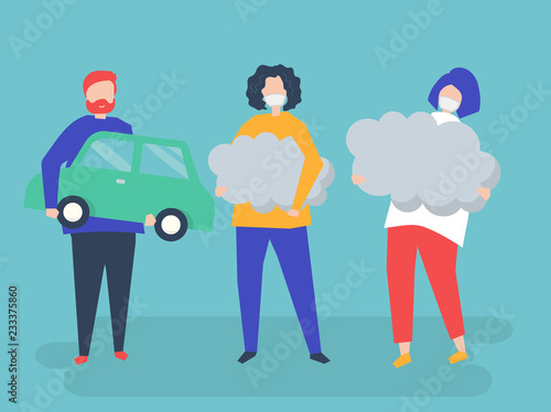 Character of people holding air pollution symbols illustration