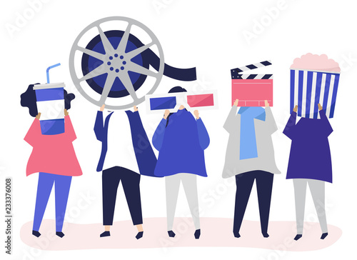 Characters of people holding movie icons illustration