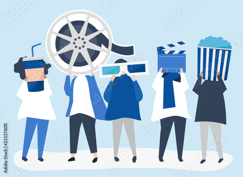 Characters of people holding movie icons illustration