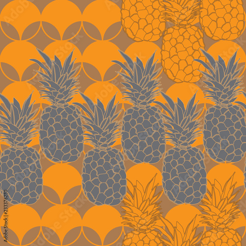 Pineapple Hive-Fruit Delight. Seamless Repeat Pattern illustration.Background in Yellow and Grey.