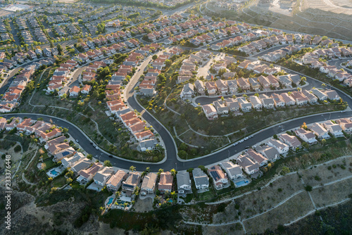 Aerial of Porter Ranch view homes in the San Fernando Valley area of Los Angeles, California. photo