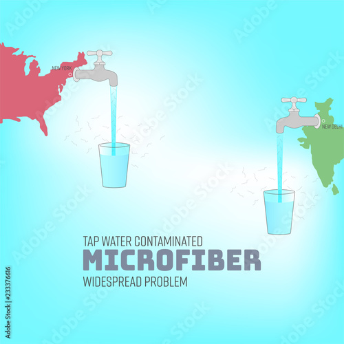 Tap water with enlargement of microfiber pollutants, on city map background. Microplastic contamination concept. Vector illutration.