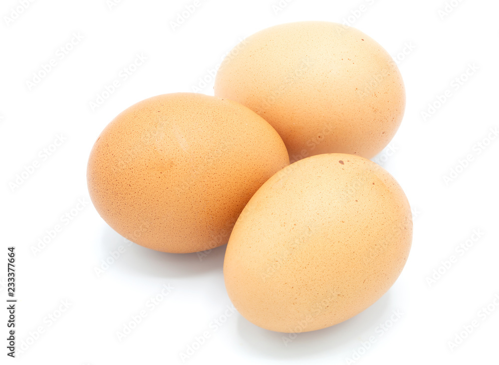 Three organic chicken egg on white background. Three organic chicken egg on white background.