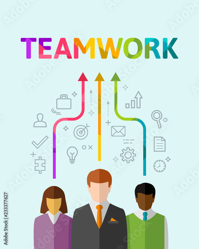 Team work and synergy concept with multiethnic team and line icons. Low poly design and multicolor lettering.