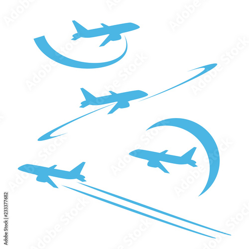 Plane in the sky. Blue. Silhouette on white background. Set.