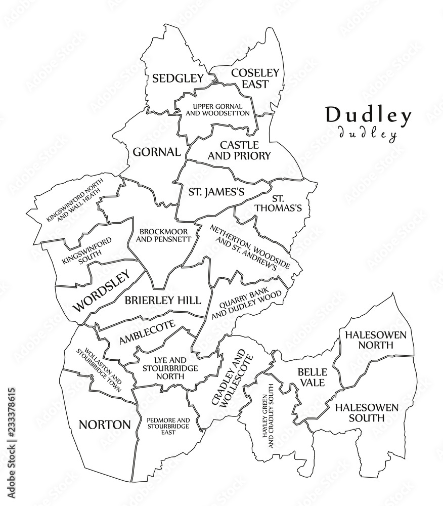 Obraz Nowoczesna mapa miasta - miasto Dudley w Anglii z mapą konturową Wielkiej Brytanii i tytułów