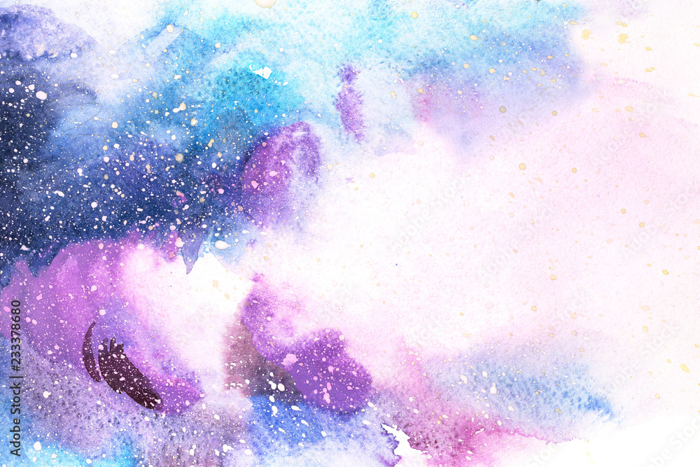 Fototapeta premium Watercolor blue pink purple stain drips blobs. Abstract watercolour illustration.