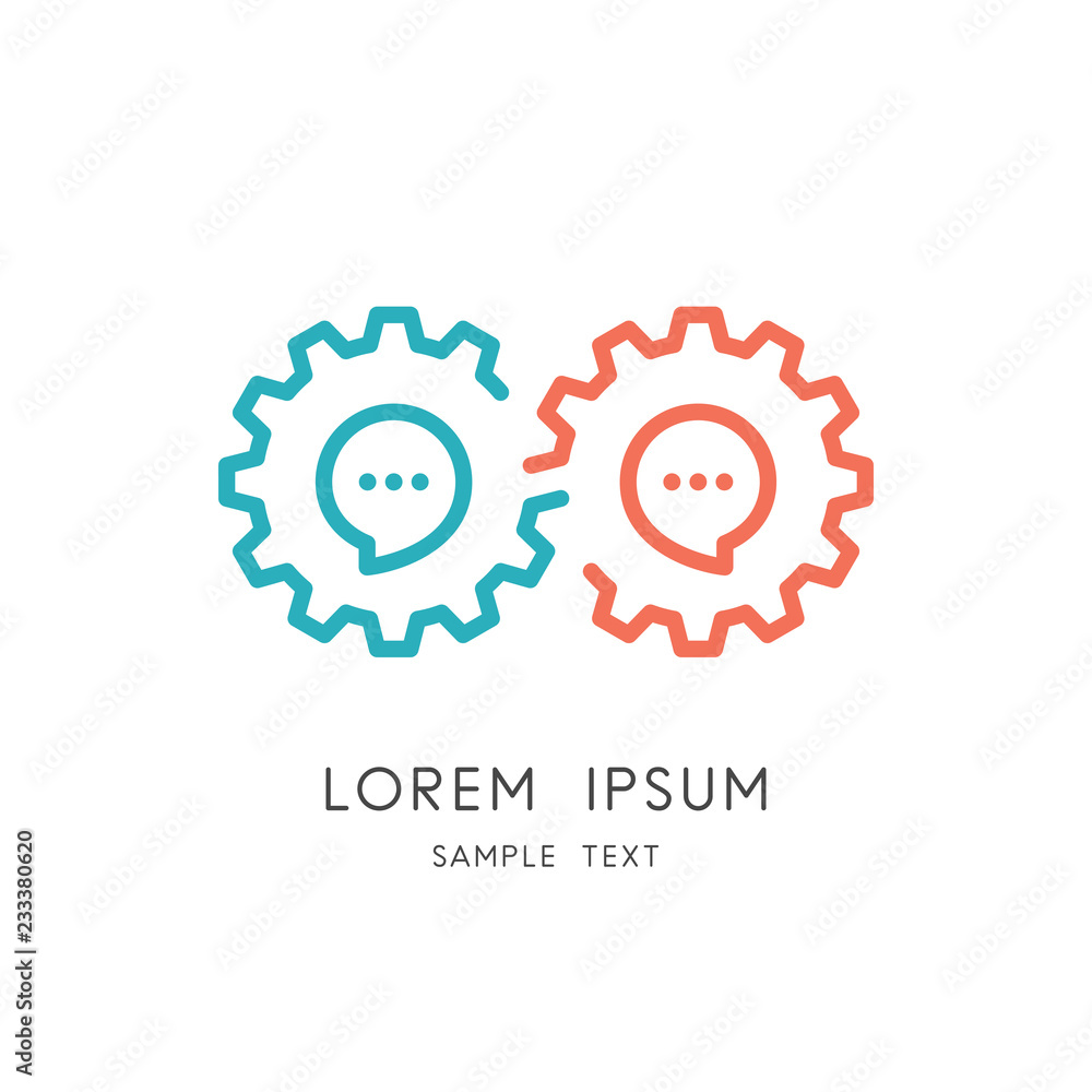 Chat and gear wheel logo - couple of pinions with speech bubbles and infinity symbol. Conversation, communication, dialogue and discussion vector icon. Chat and gear wheel logo - couple of pinions with speech bubbles and infinity symbol. Conversation, communication, dialogue and discussion vector icon.