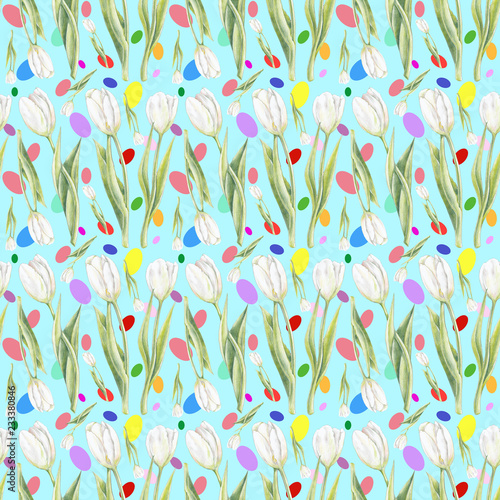 Geschenkpapier, Tapete, Hintergrund, Vorlage nahtloses Muster, seamless pattern Tulpen, Blumen, freigestellt mit buntem oster-Hintergrund, Illustration von Kathrin Schwertner 