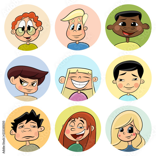 Colorful set of girl and boy faces portrait. Cartoon Vector Illustration.