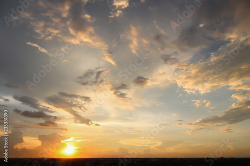 Dramatic atmosphere panorama view of tropical beautiful twilight sky and clouds background in summer.