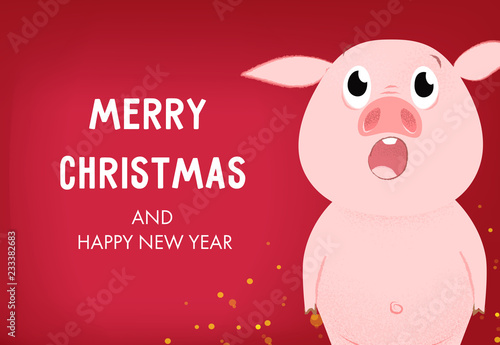 Merry Christmas and happy New Year invitation design. Shouting cartoon pig on pink background. Template can be used for greeting cards, posters, banners and brochures