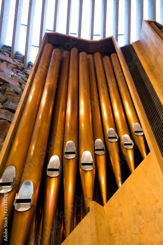 Helsinki, Finland, october 2018. Interior detail of the brass organ in the stone church, a icon of this nice scandinavian city. Its finnish name is 