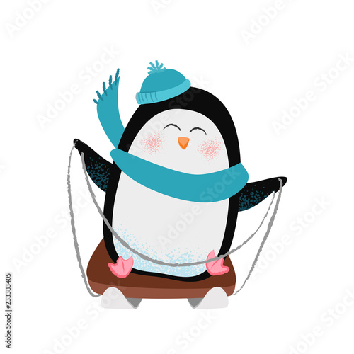 Cheerful cartoon penguin in scarf and hat sledging and having fun. Winter activity concept. Vector illustration can be used for topics like holiday, Christmas vacation, leisure