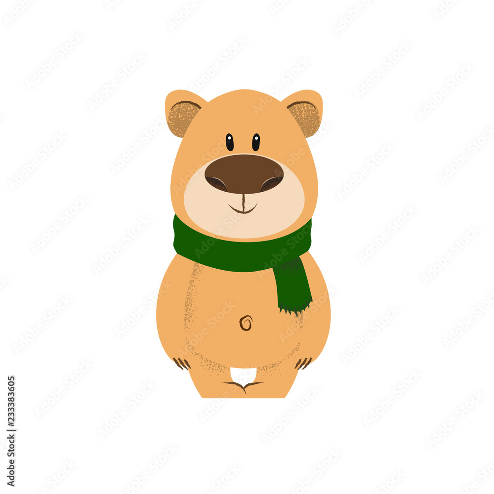 Fototapeta premium Cute smiling bear wearing green scarf. Winter character concept. Vector illustration can be used for topics like winter outfit, celebration, Christmas vacation
