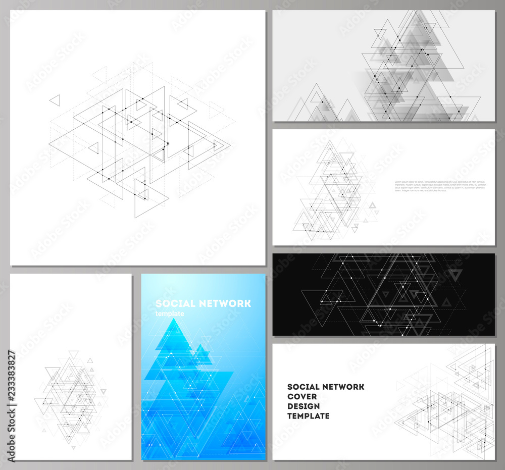 The minimalistic abstract editable vector layouts of modern social network mockups in popular formats. Polygonal background with triangles, connecting dots and lines. Connection structure.