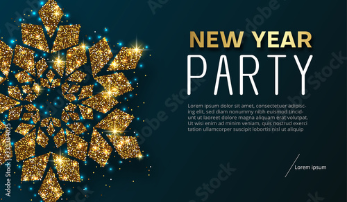 New Year party poster or invitation with golden shiny snowflake.