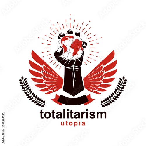 Raised arm holds Earth globe, vector logo. Propaganda as the method of global ideology imposing, dissemination of information.