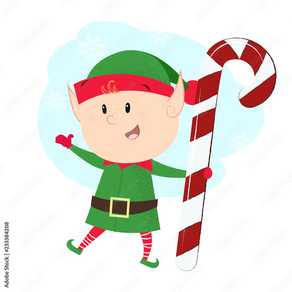 Christmas elf postcard element. Illustration of elf in green costume holding candy cane and dancing. Christmas, fairy tales, cartoon character. Can be used for postcards, posters, greeting cards Christmas elf postcard element. Illustration of elf in green costume holding candy cane and dancing. Christmas, fairy tales, cartoon character. Can be used for postcards, posters, greeting cards