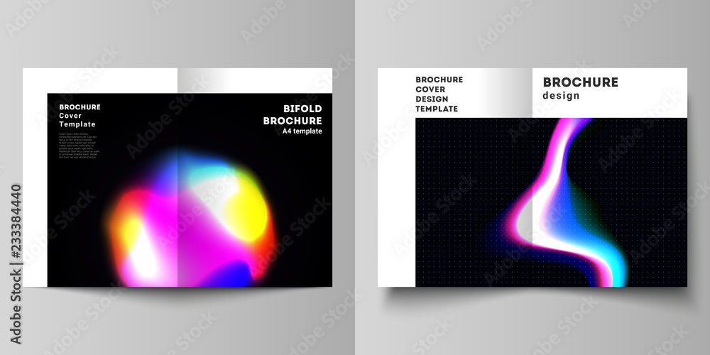 Fototapeta premium Vector layout of two A4 format cover mockups design templates for bifold brochure, flyer, booklet, report. Sci-fi technology design background. Abstract futuristic consept backgrounds to choose from