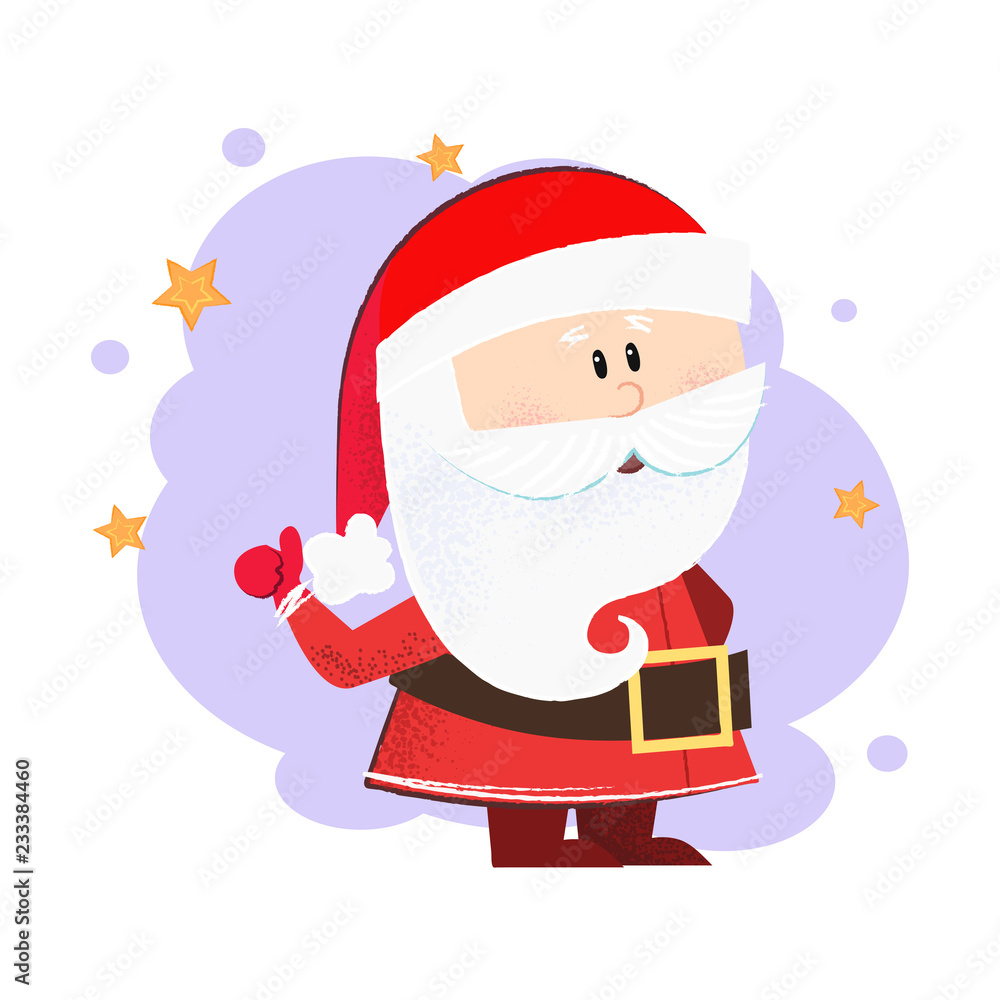 Santa greeting card design. Drawing of cartoon Santa Claus with thumbs up  on purple aquarelle background with stars. Can be used for topics like  Christmas, holiday, festival, cartoon Stock Vector | Adobe