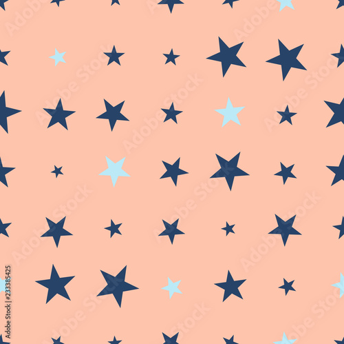 Seamless pattern with hand drawn navy blue stars on orange background. Cute halftone background. Vector illustration.