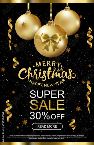The Christmas sale. Advertising poster for the store. Black gold banner for website or flyer. Realistic vector. Festive new year design template. EPS10.