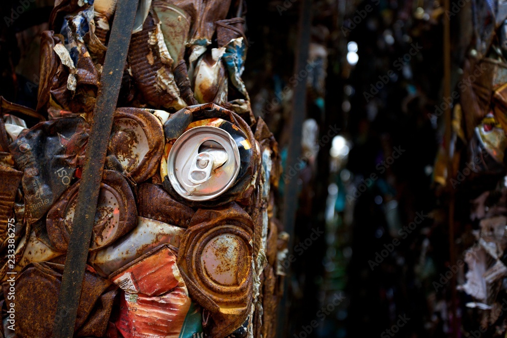 Fototapeta premium Flattened cans in a recycling centre in the UK