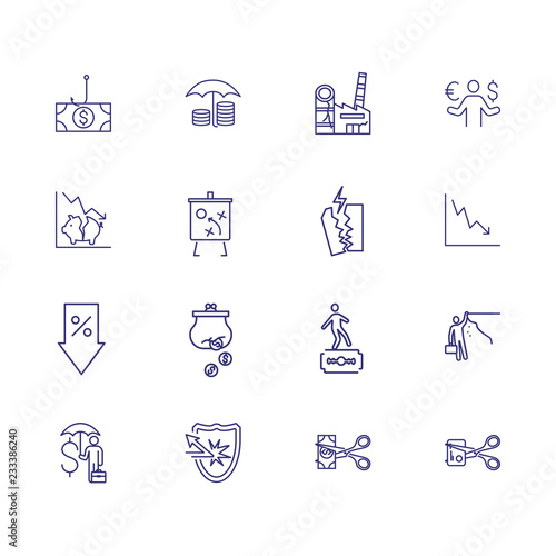 Bankruptcy line icon set. Phishing, strategy, closed factory. Finance concept. Can be used for topics like loss, crisis, recession, economics