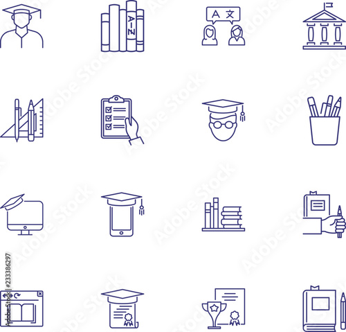 College line icon set. Student, school supply, textbooks. Education concept. Can be used for topics like distance learning, university degree, high school