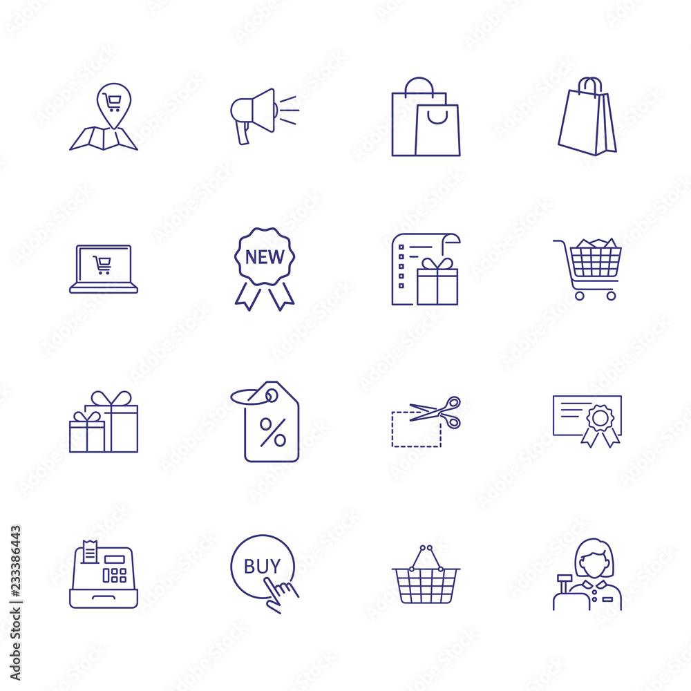 Internet store line icon set. Paper bag, discount, cart. Retail concept. Can be used for topics like shopping online, Christmas sale, discount Internet store line icon set. Paper bag, discount, cart. Retail concept. Can be used for topics like shopping online, Christmas sale, discount