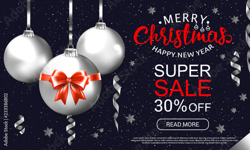 Winter sale banner with silver balls. Top view. Vector illustration.