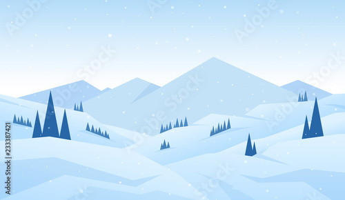 Vector illustration: Winter snowy cartoon Mountains landscape with hills, pines and peaks