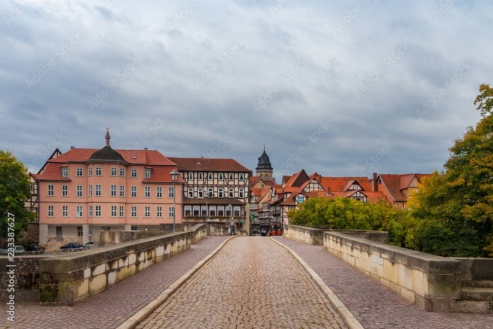 View of the old town of Hann. Münden with its half-timbered houses from the Old Werra Bridge paved with cobblestones.