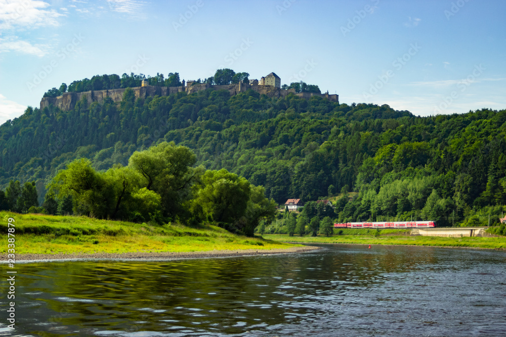 Fototapeta premium Beautiful view on Königstein castle from river Elbe in Saxony, Germany