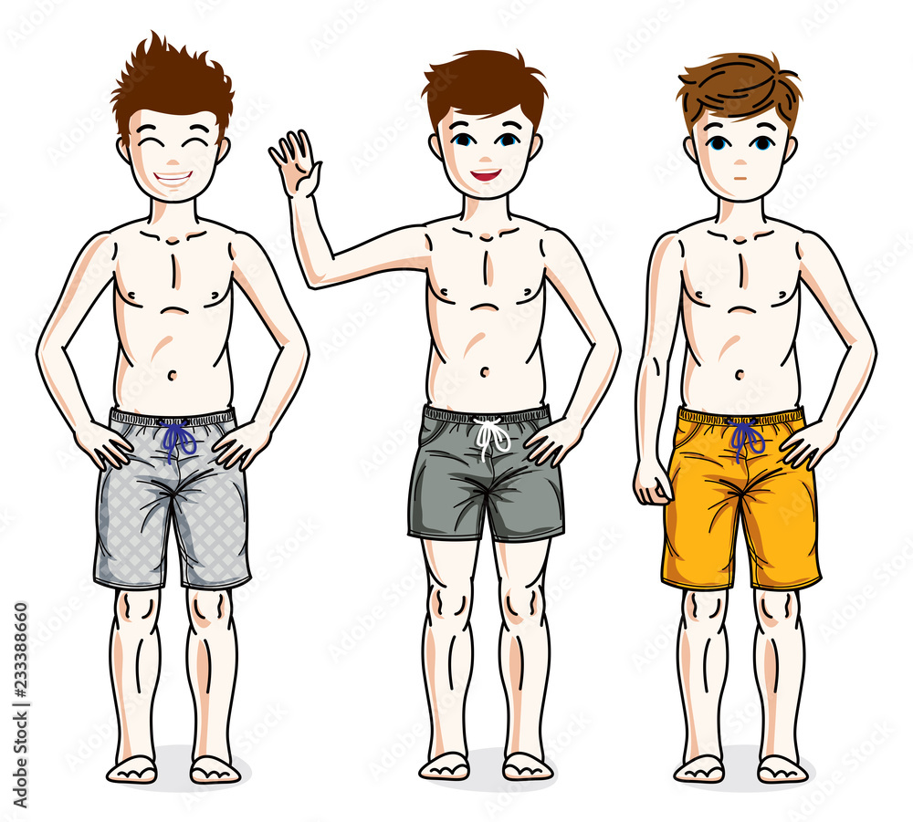 Pretty child boys standing in colorful stylish beach shorts. Vector set of beautiful kids illustrations. Childhood and family lifestyle clip art. Pretty child boys standing in colorful stylish beach shorts. Vector set of beautiful kids illustrations. Childhood and family lifestyle clip art.