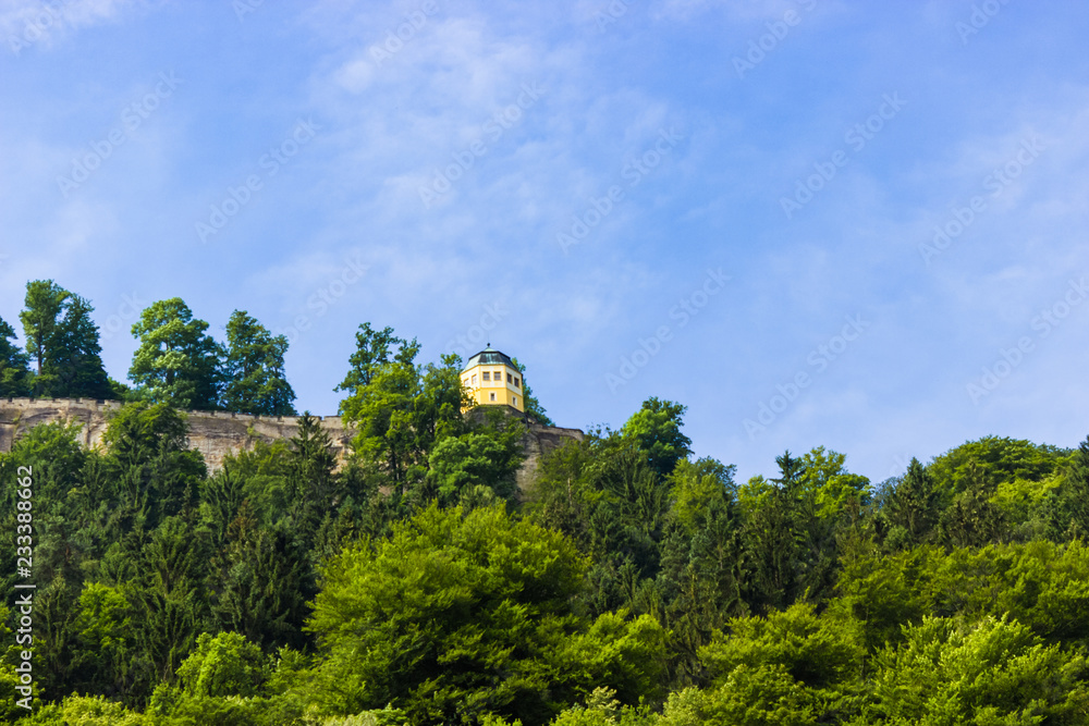 View up on Königstein castle from river Elbe in Saxony, Germany