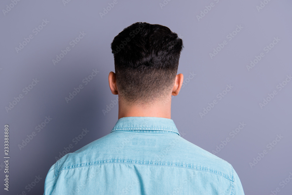Rear back view of attractive handsome man wearing blue formal sh Rear back view of attractive handsome man wearing blue formal sh