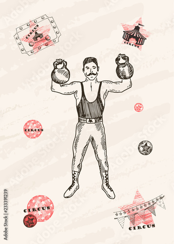 Vector card design. Strongman with mustache . Retro circus performance. Pen style drawing.